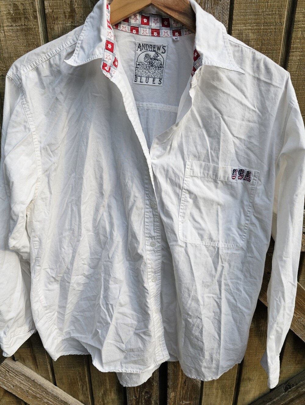Andrews Blues Womens Medium M White Cotton Button Down Shirt USA Western Patriot